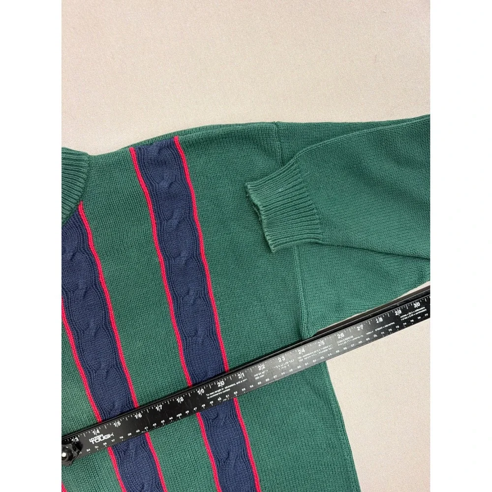 Lord & Taylor Vintage Mens Green Cable Knit Striped Cotton Crewneck Sweater XL